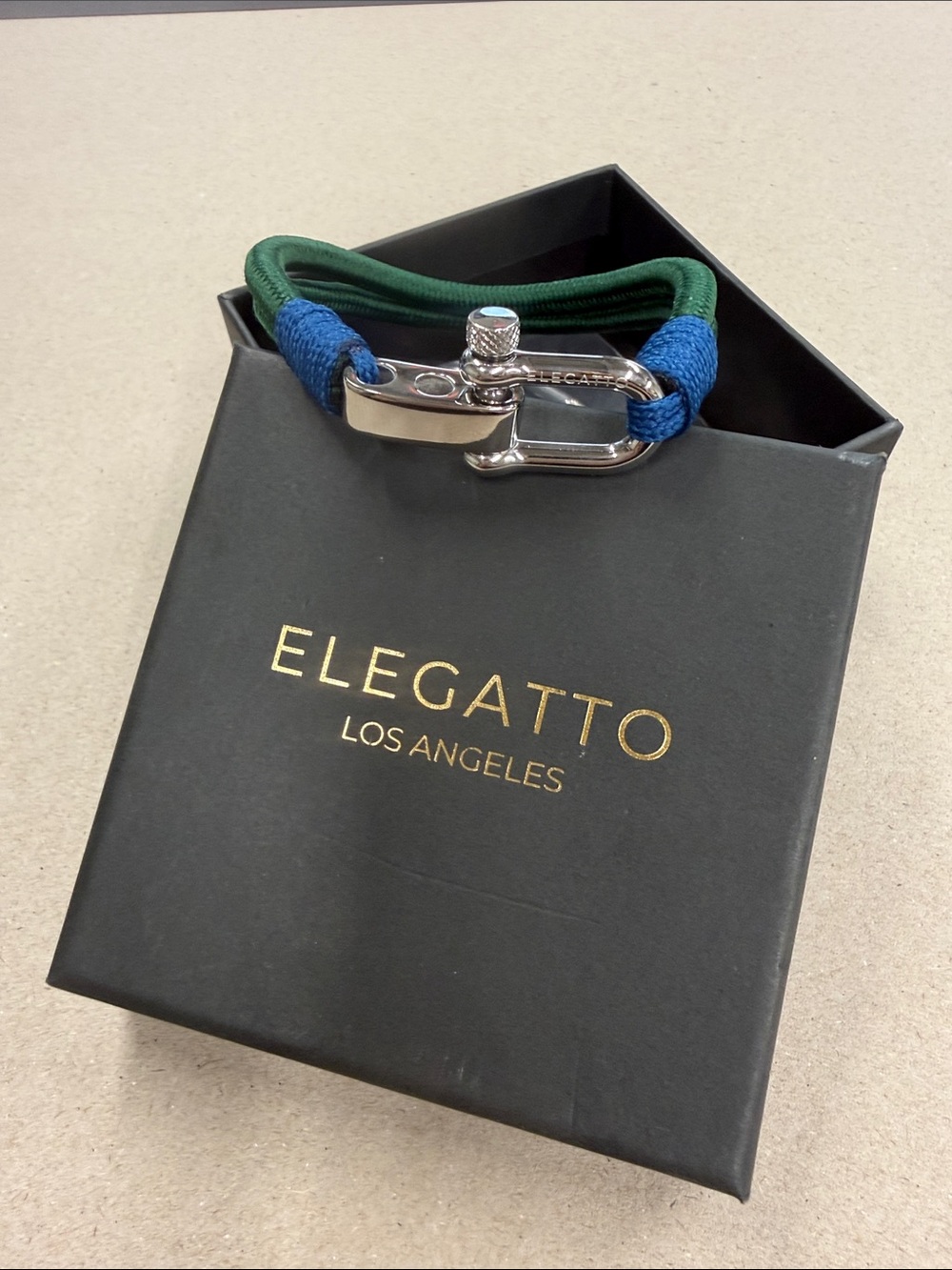 Elegatto Green & Blue Men’s Cord Bracelet with Silver Shackle New in Box